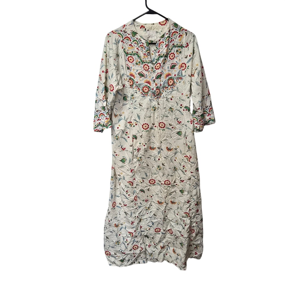 Vintage Longees Floral Maxi Robe House‎ Dress Front Zip Pockets Cream Medium
